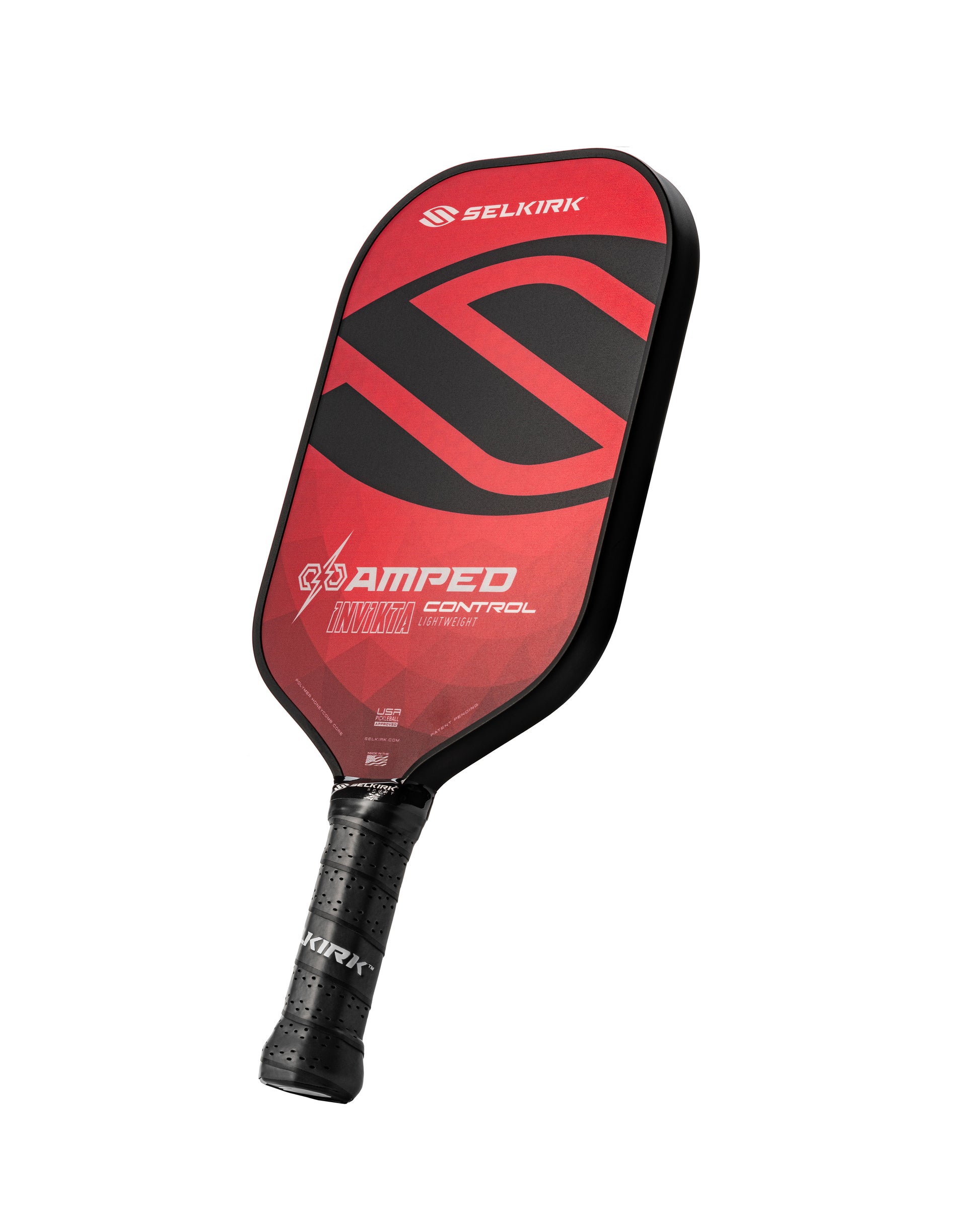 Red and black pickleball paddle, lightweight design, control features.
