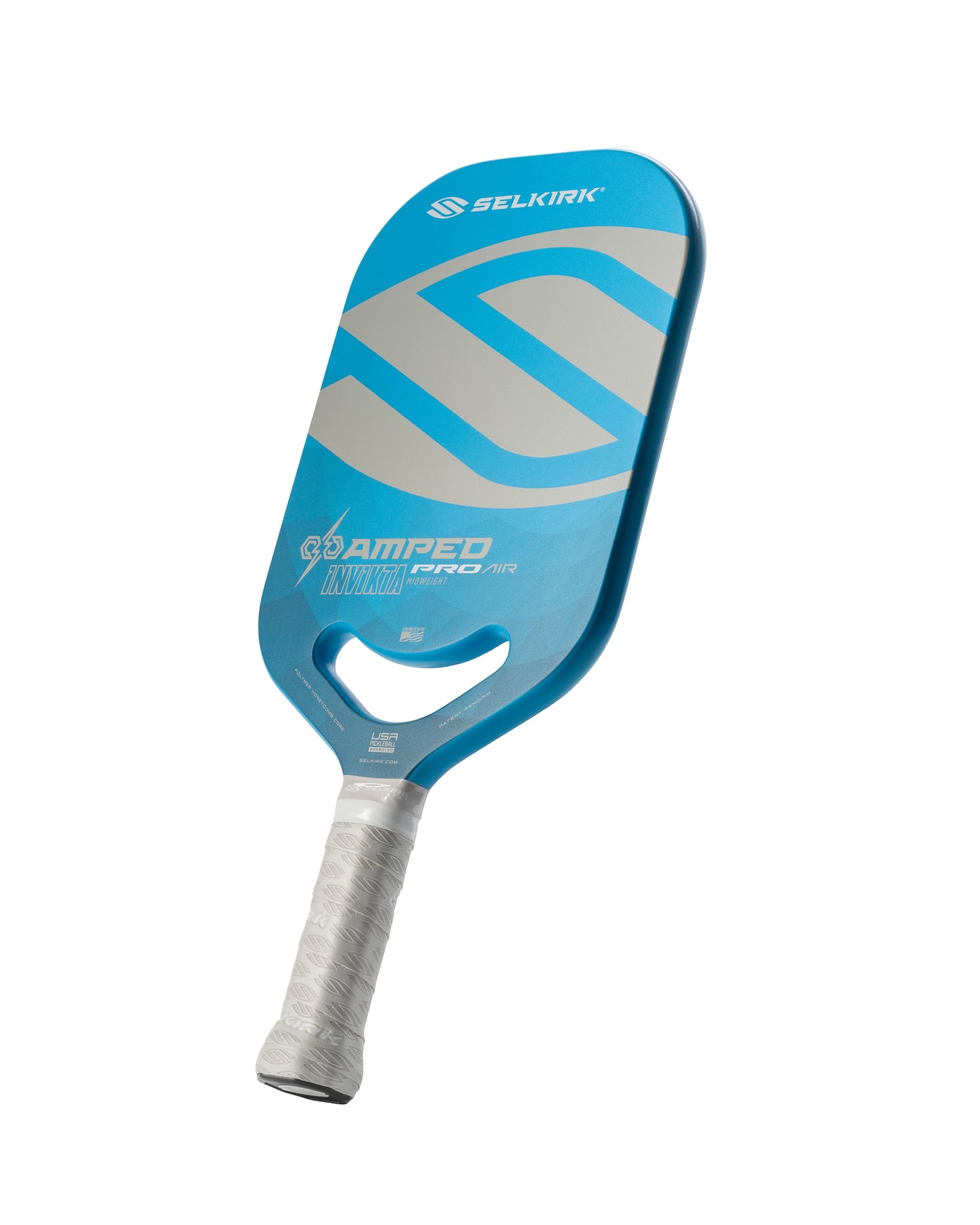 Lightweight pickleball paddle with a blue and gray design, showcasing a comfortable grip.
