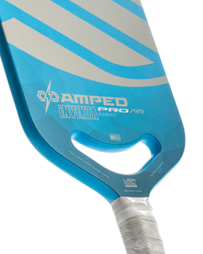 Lightweight pickleball paddle with a blue and gray design, featuring a polymer honeycomb core.
