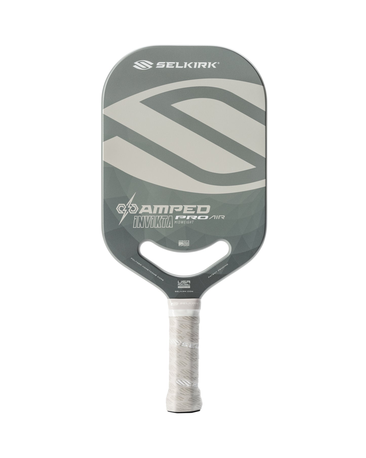 Gray and beige pickleball paddle, midweight design, USAPA-approved.
