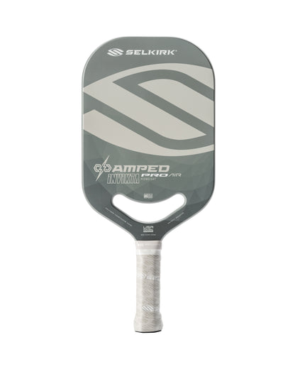 Gray and beige pickleball paddle, midweight design, USAPA-approved.
