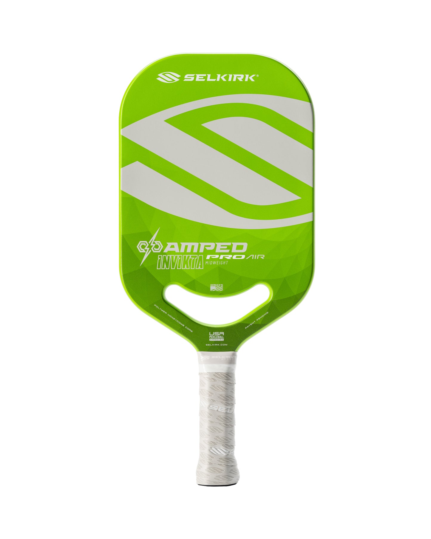 Lime green pickleball paddle with grey accents, midweight design.
