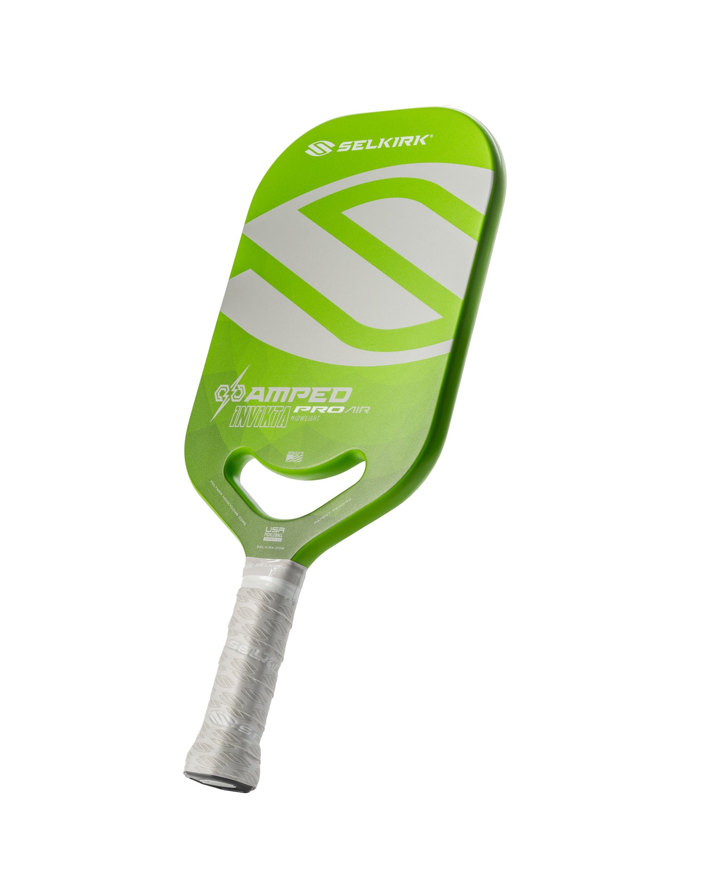 Lime green pickleball paddle with a gray grip, showcasing a lightweight design.
