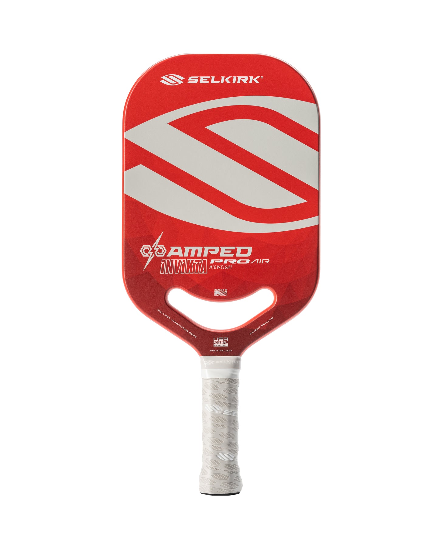 Red pickleball paddle with a white and gray design, midweight, and polymer honeycomb core.
