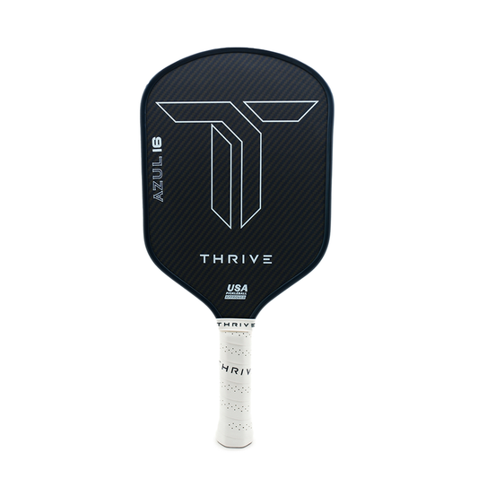 Thrive Azul 16 Pickleball Paddle: Carbon fiber face, white grip, includes free weights & keychain.  USA Pickleball Approved.
