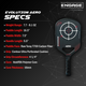 Black pickleball paddle with target graphic, showcasing specs including raw Toray T700 carbon fiber construction.
