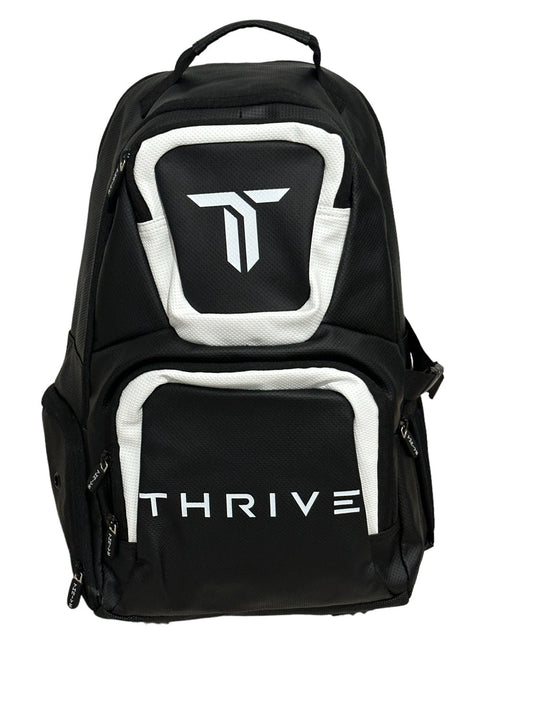 Thrive Elite backpack, black with white accents, includes free shoe bag.
