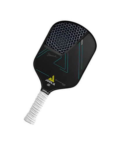 Black pickleball paddle with honeycomb design, white grip, and teal accents.
