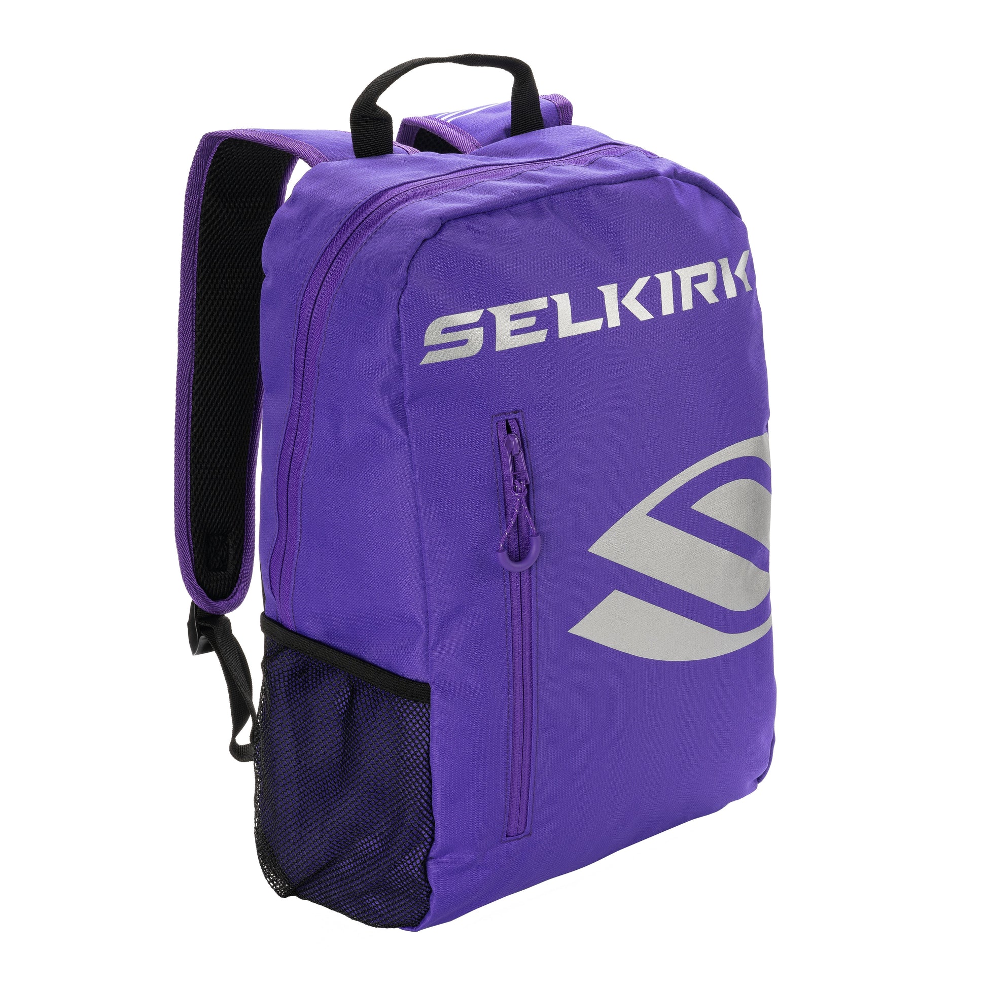 Purple daypack with zippered pocket and mesh side pocket.
