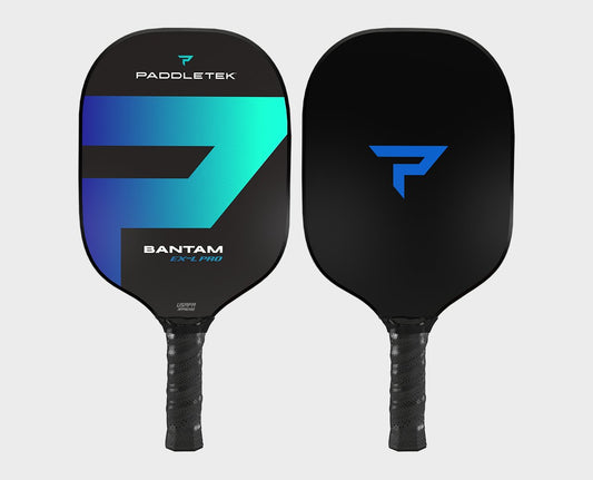 Paddletek Bantam EX-L Pro pickleball paddle: black and blue, USAPA approved.
