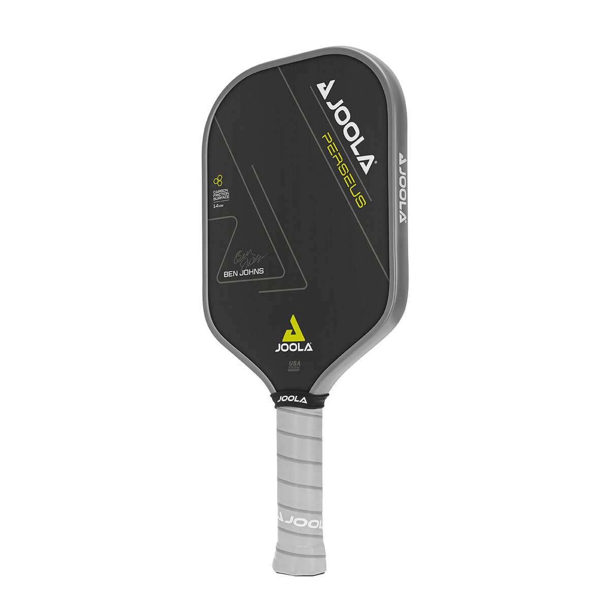 14mm pickleball paddle with gray grip, black face, and Ben Johns signature.
