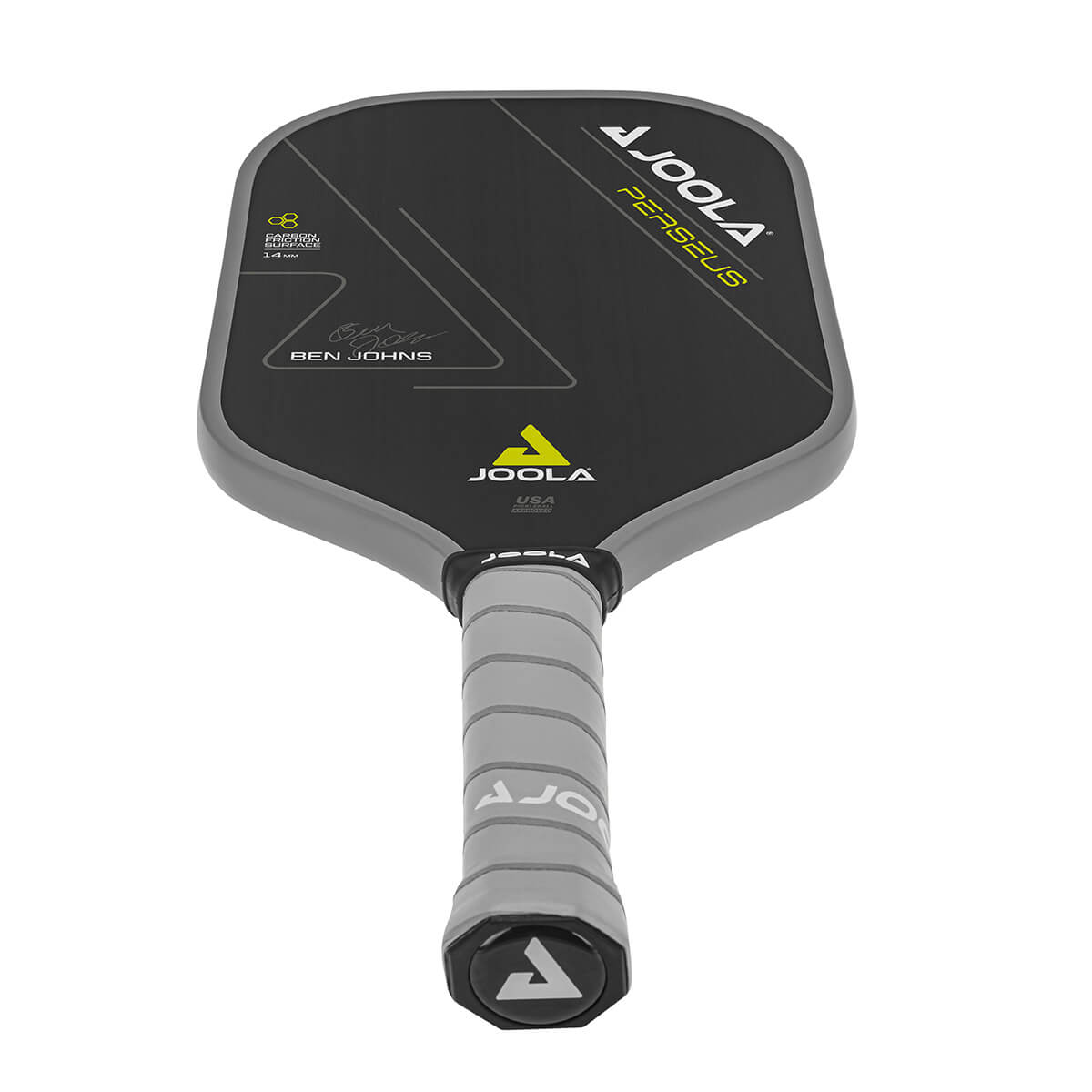 Gray and black pickleball paddle with a comfortable grip; 14mm core.
