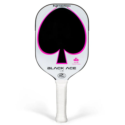 ProKennex Black Ace LG/DLR pickleball paddle: white with black spade design, pink accents, & white grip.
