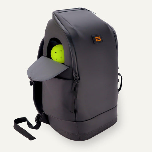 FORWRD Court Caddy Pickleball Backpack: black, water-resistant backpack with dedicated pickleball storage.
