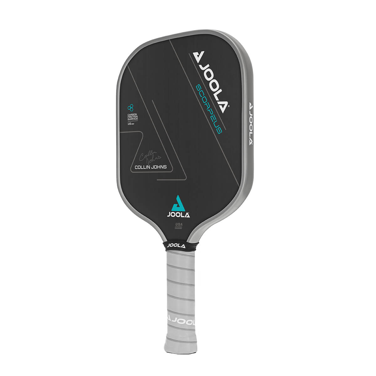 Black and gray pickleball paddle with a textured grip, featuring a player's signature.
