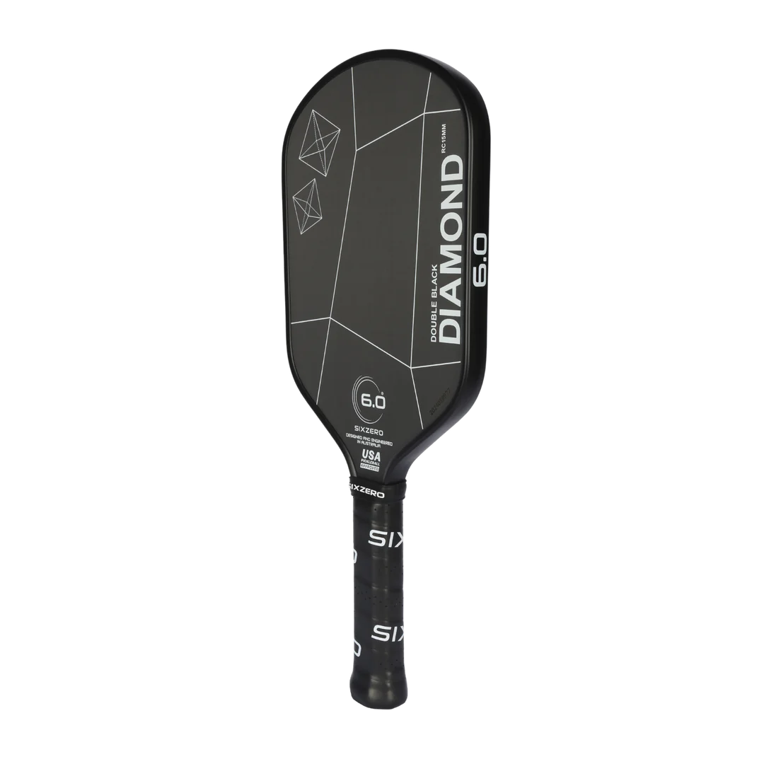 Black pickleball paddle with geometric design, 15mm thickness.
