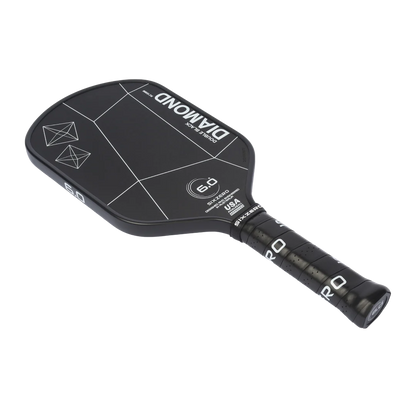 Black pickleball paddle with geometric design, 15mm thickness.
