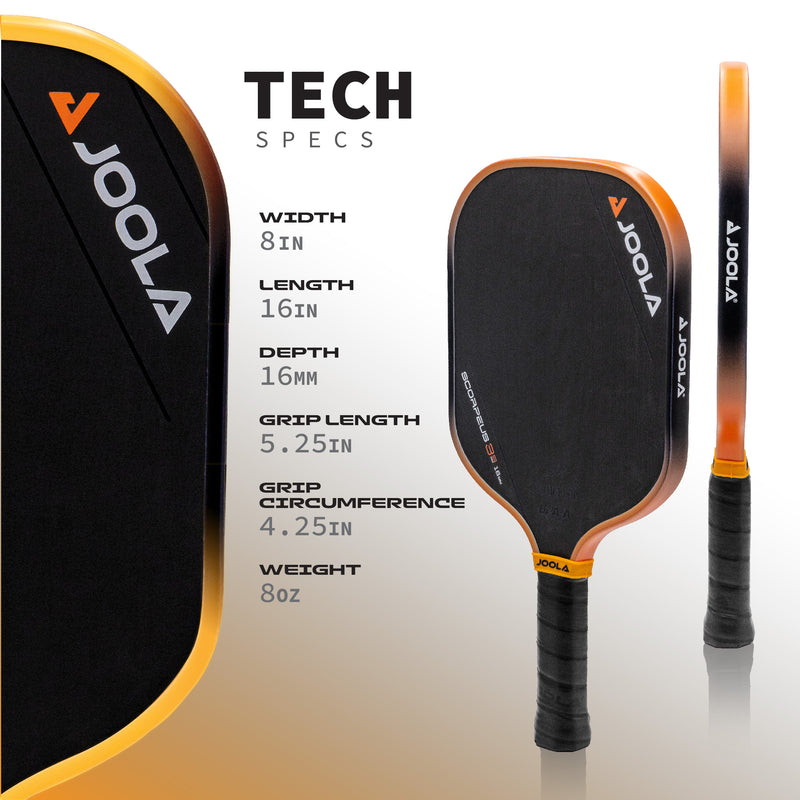 Pickleball paddle with specifications; black and orange, 16-inch length.
