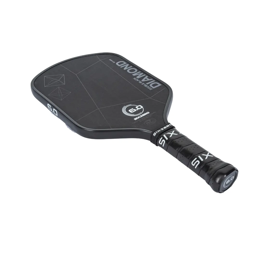 Black pickleball paddle with geometric design, 16mm core.
