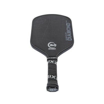 Black pickleball paddle with textured grip, diamond-patterned face.
