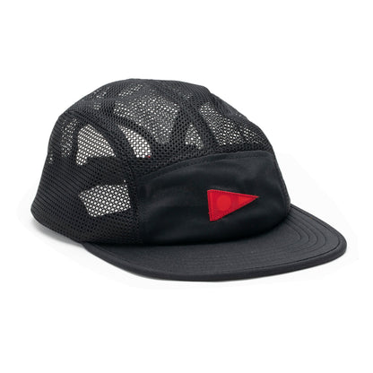 Black Florence Airtex unstructured hat with red logo and breathable mesh back.
