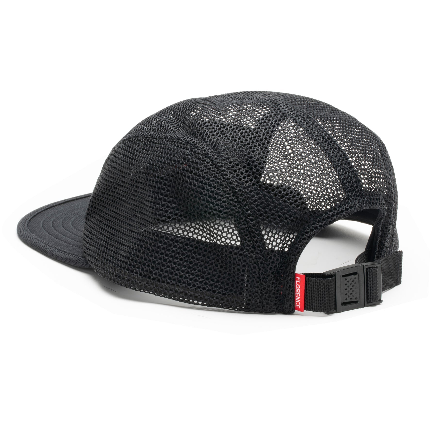 Black unstructured mesh hat with adjustable strap, shown from the back.
