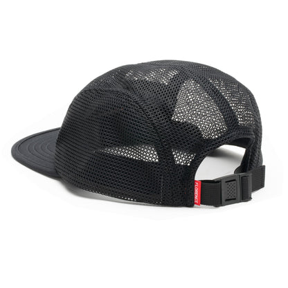 Black unstructured mesh hat with adjustable strap, shown from the back.
