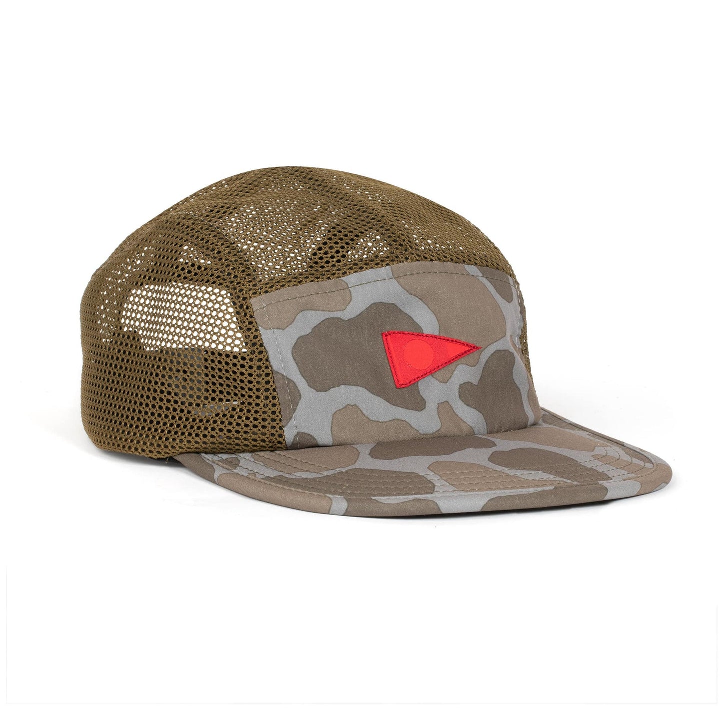 Camouflage unstructured hat with mesh back and red logo detail.
