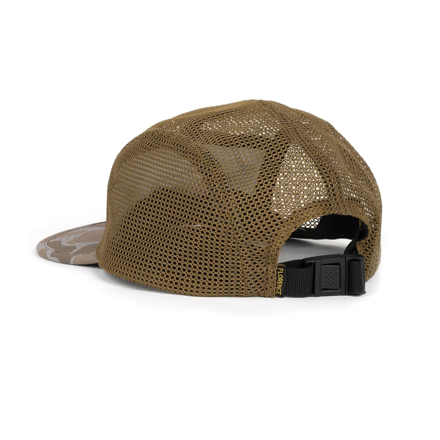 Olive green unstructured hat, rear view, showcasing breathable mesh back panel and adjustable strap.
