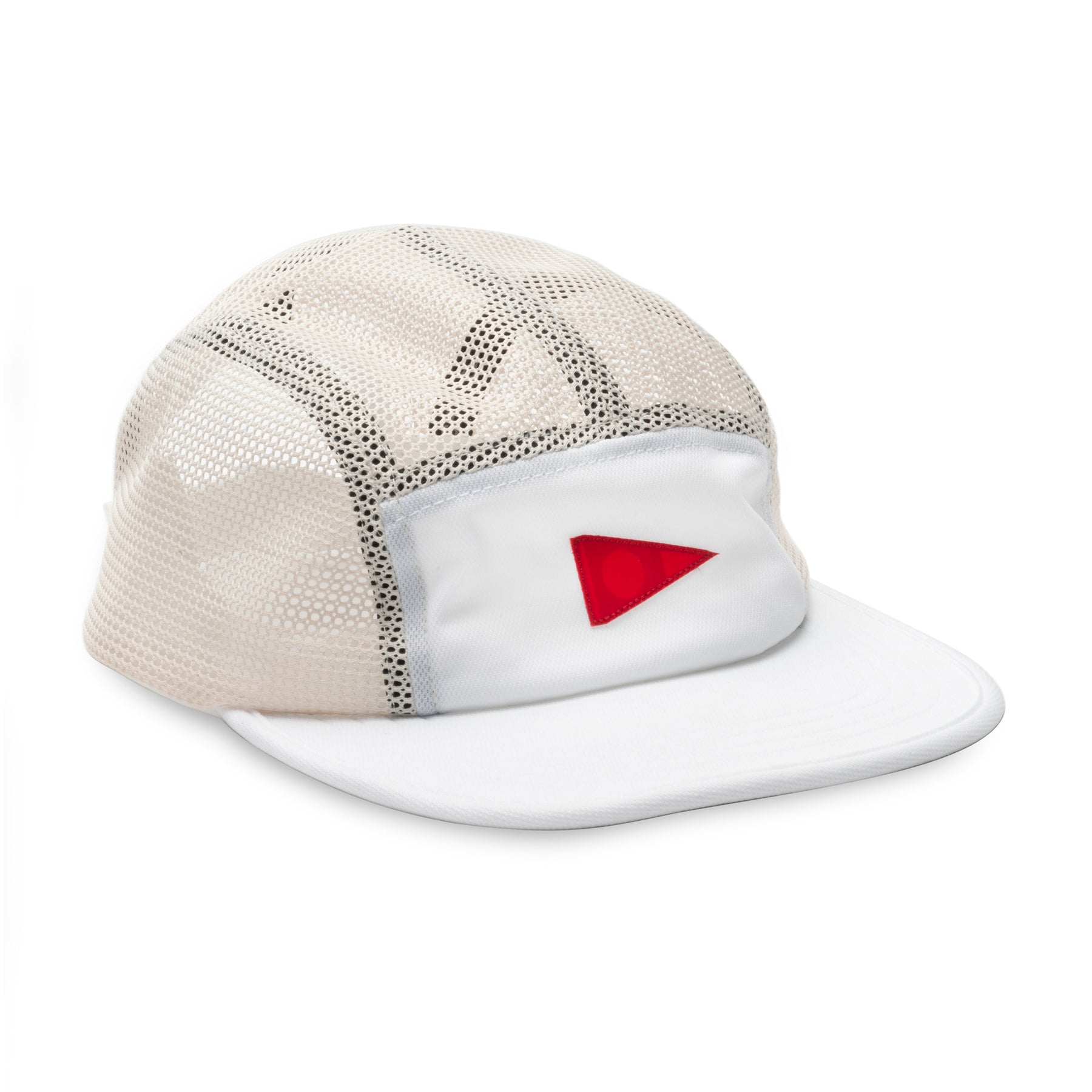 White unstructured hat with beige mesh back and red accent.
