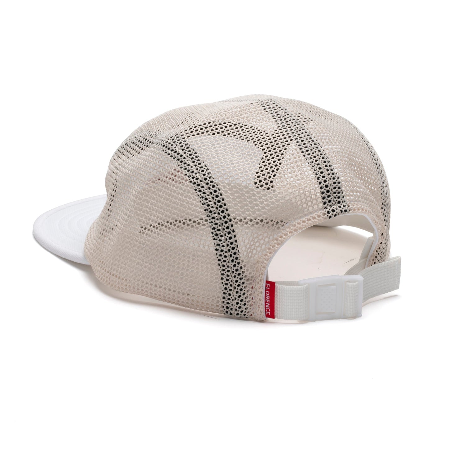 Beige unstructured hat with white bill and adjustable strap; breathable mesh back panel.
