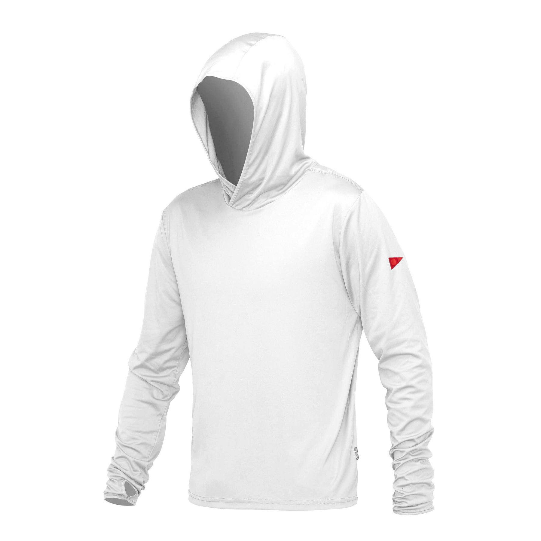 White Florence Sun Pro long-sleeve UPF hooded shirt with crossover neckline.
