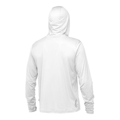 White long-sleeve hooded shirt, rear view, showcasing a crossover design and comfortable fabric.
