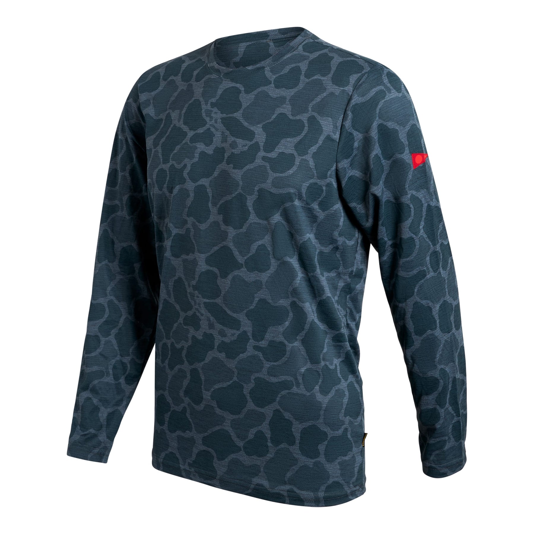 Long-sleeve shirt in dark teal with an abstract pattern, shown on a white background.
