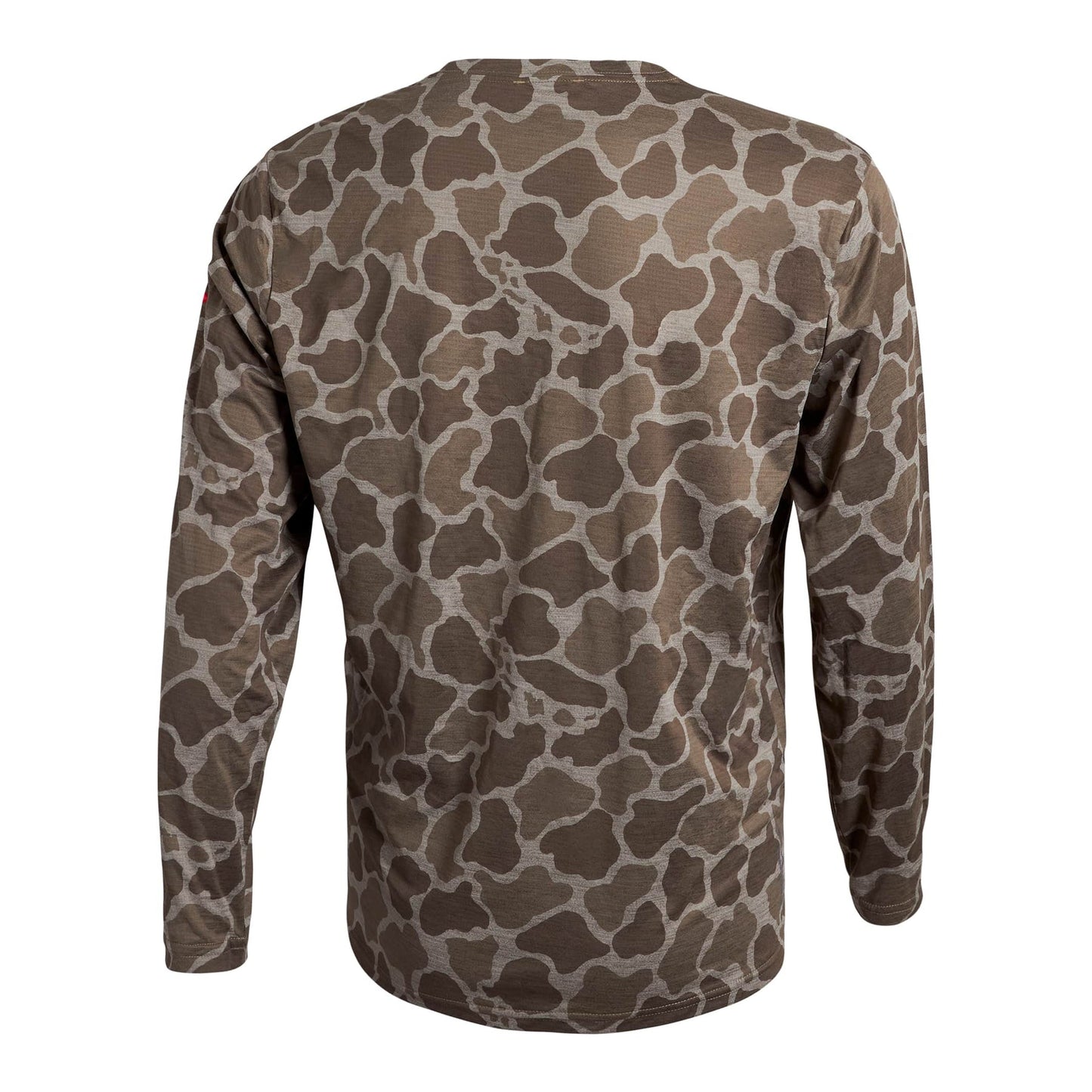 Long-sleeve shirt, brown camouflage print, shown from the back on a white background.
