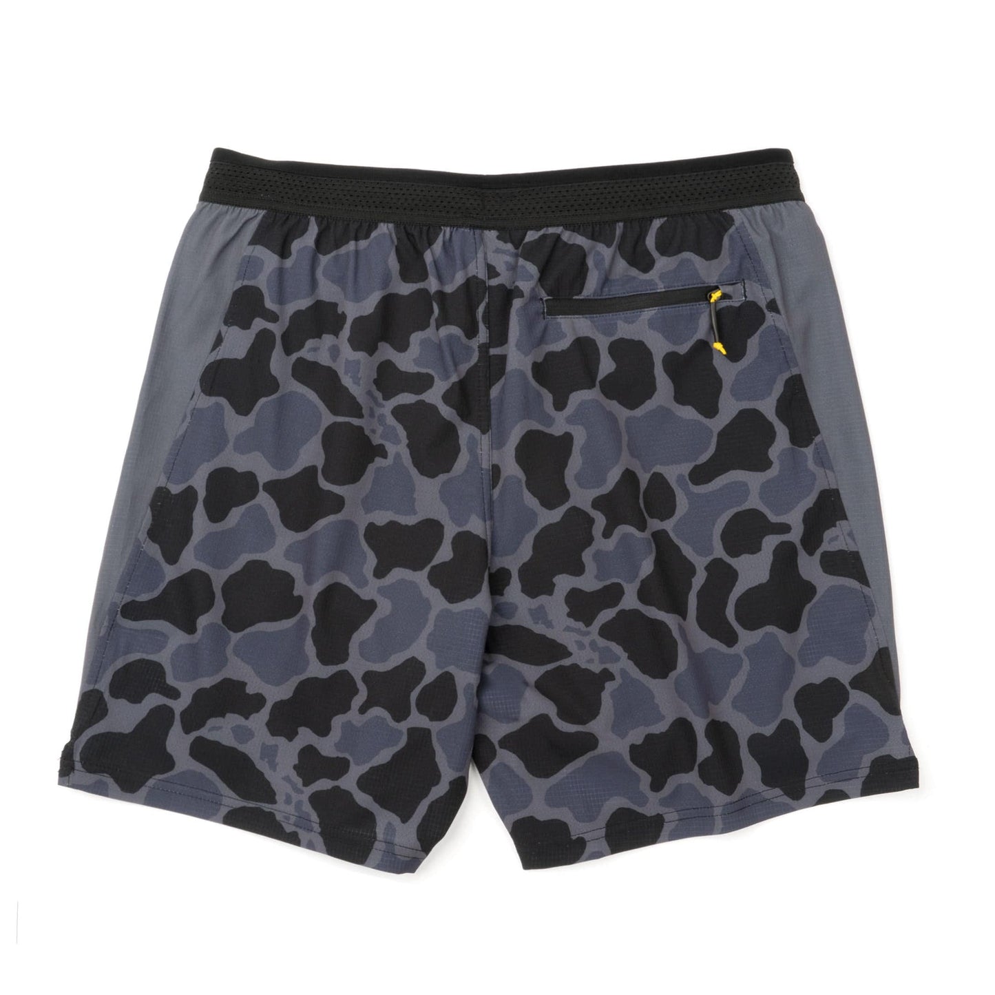 Gray and black camouflage utility shorts with a back pocket, shown from the rear.
