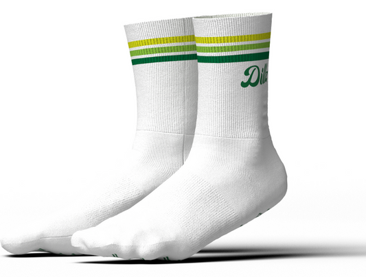 Dillz Grippy Grippy Crew Socks: White crew socks with green and yellow stripes, perfect for added comfort and grip.
