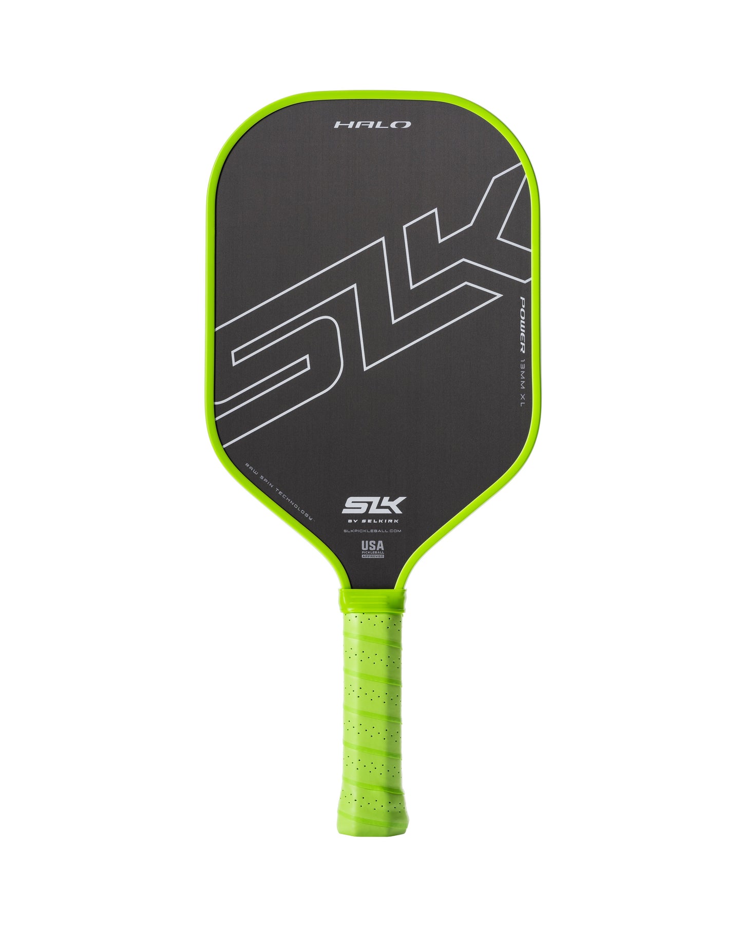 Lime green pickleball paddle with a dark gray face, showcasing a unique design.
