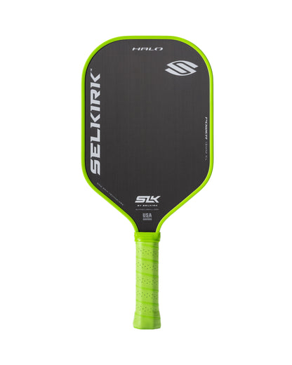 Lime green pickleball paddle with a black graphite face, 5.75-inch handle.
