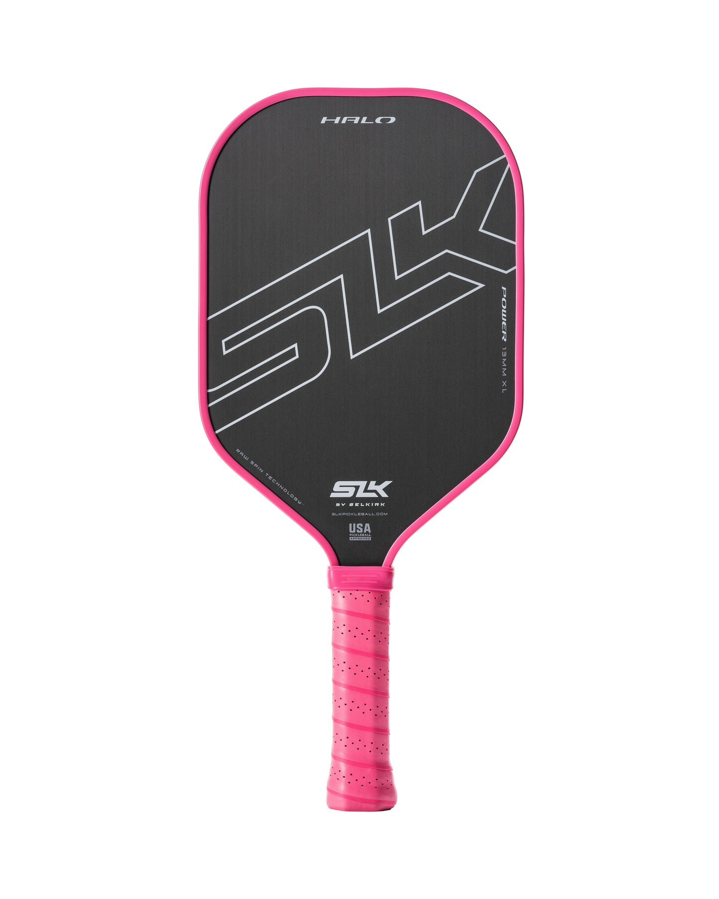 Pink pickleball paddle with black face, 5.75-inch handle, and perforated grip.
