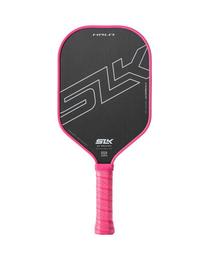 Pink pickleball paddle with black face, 5.75-inch handle, and perforated grip.
