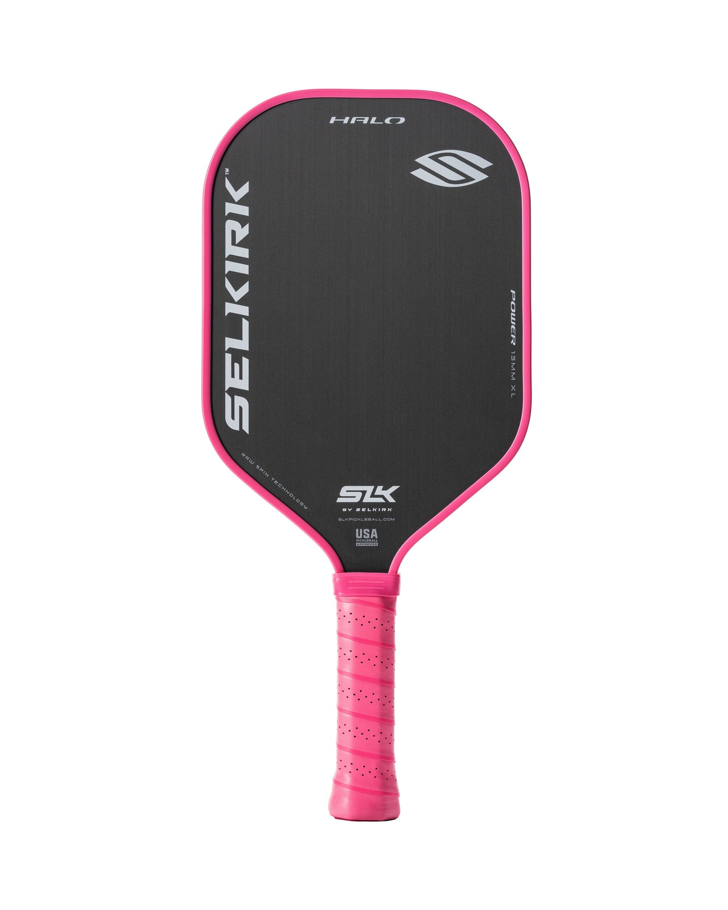 Pink pickleball paddle with a black face, featuring a comfortable grip and 5.75-inch handle.
