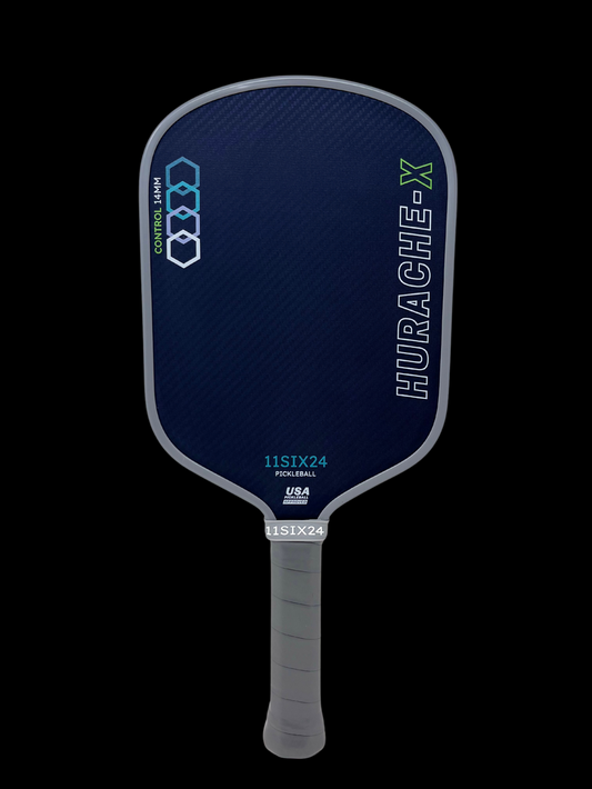 11SIX24 Hurache-X Control Pickleball Paddle: 14mm core, blue carbon fiber face, gray grip, USA Pickleball Approved.
