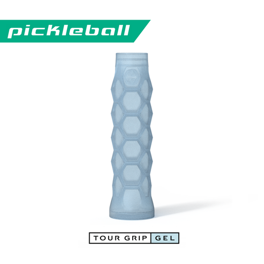 Hesacore Tour Grip Gel:  Light blue pickleball grip with hexagonal design for enhanced comfort and control.
