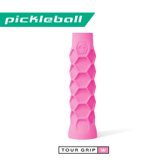 Pink Hesacore Tour Grip XS pickleball grip with hexagonal pattern for enhanced control.
