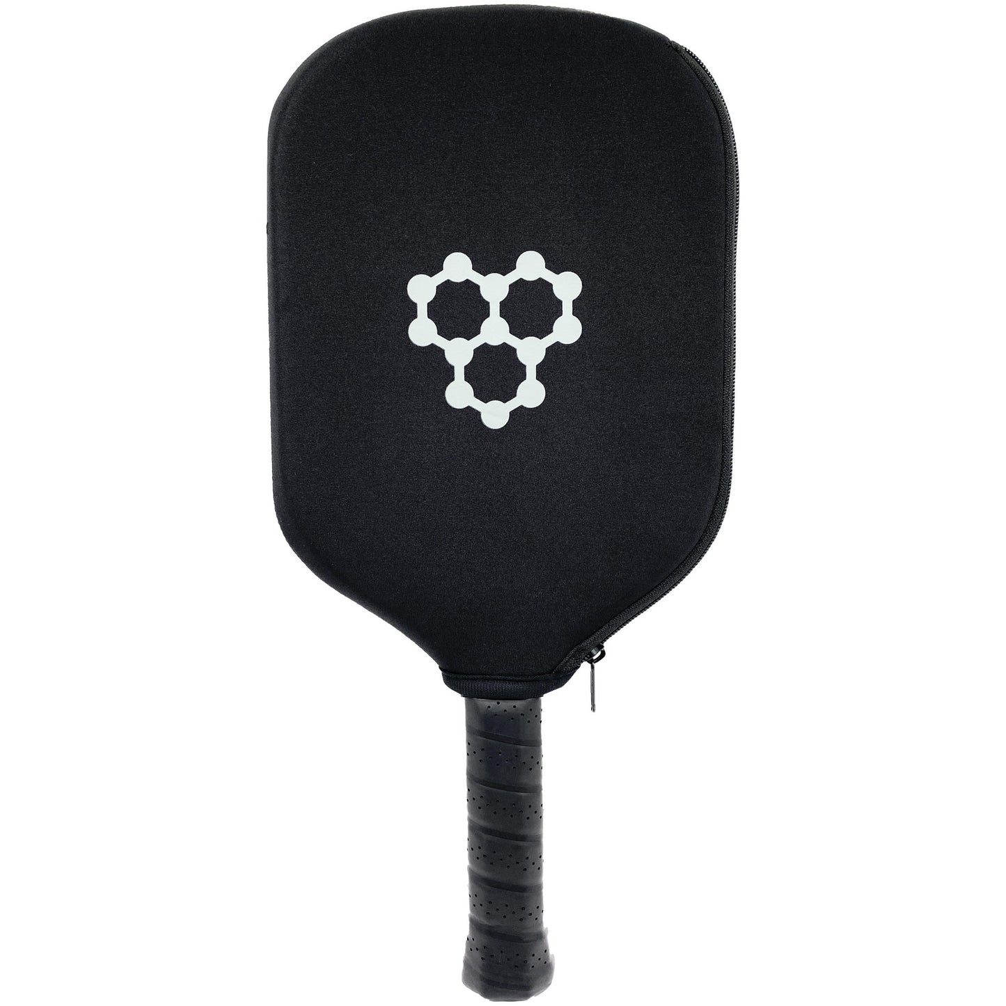 Black pickleball paddle with protective cover, featuring a unique graphic.
