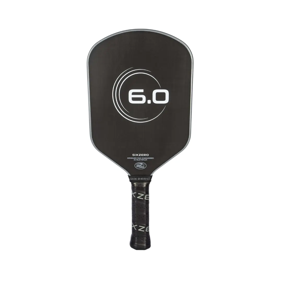 Black pickleball paddle with an edgeless design and textured grip.
