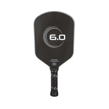 Black pickleball paddle with an edgeless design and textured grip.
