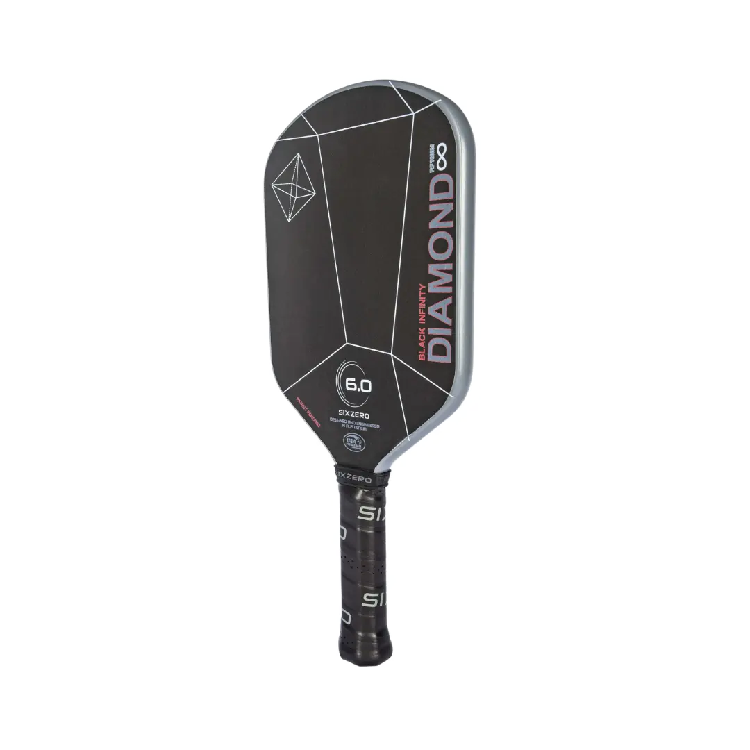 Black pickleball paddle with geometric design, graphite-colored edge, and textured grip.
