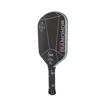 Black pickleball paddle with geometric design, graphite-colored edge, and textured grip.
